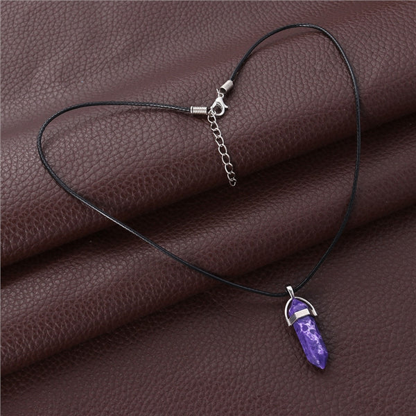 Hexagonal Quartz Crystal Stone Pendant Necklace with Wax Rope for Women