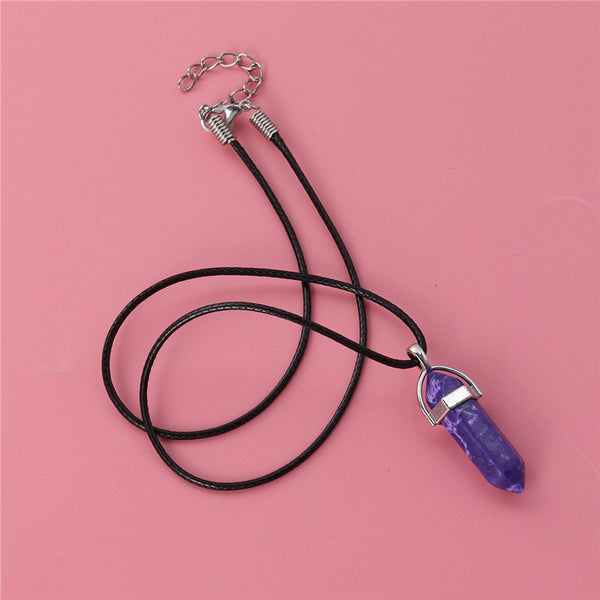 Hexagonal Quartz Crystal Stone Pendant Necklace with Wax Rope for Women