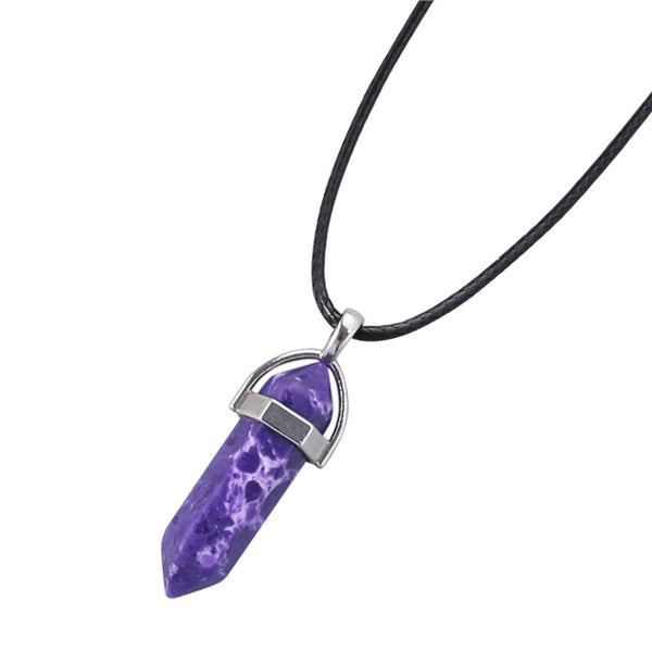 Hexagonal Quartz Crystal Stone Pendant Necklace with Wax Rope for Women