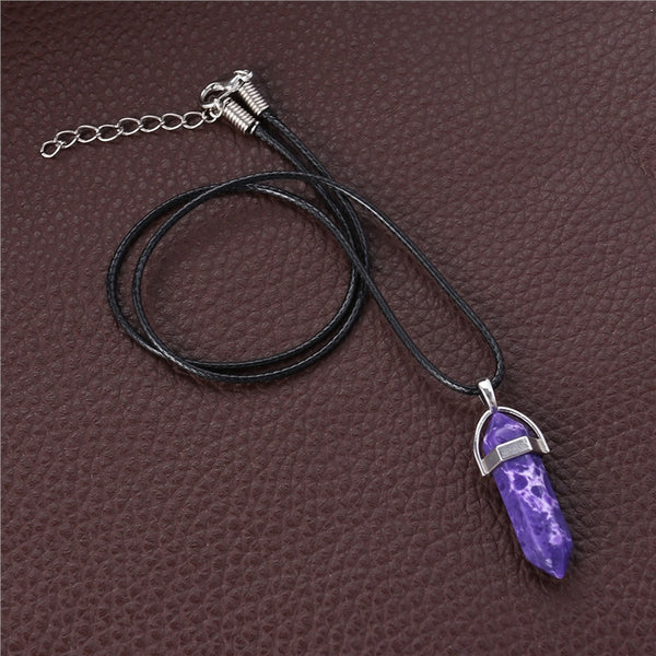 Hexagonal Quartz Crystal Stone Pendant Necklace with Wax Rope for Women