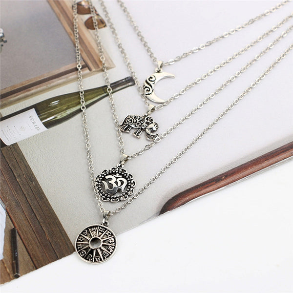 Vintage Women's Four Layers Chains Tassel Moon Elephant Pendant Long Drop Necklace