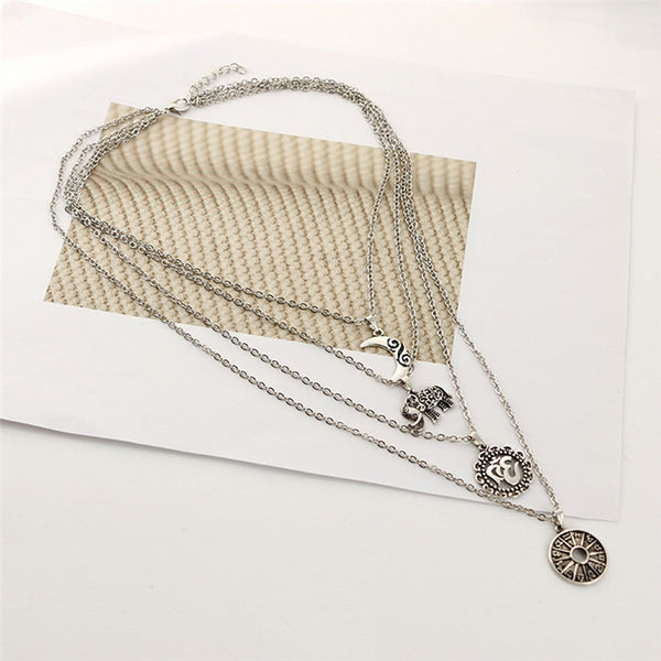 Vintage Women's Four Layers Chains Tassel Moon Elephant Pendant Long Drop Necklace