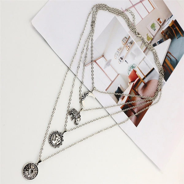 Vintage Women's Four Layers Chains Tassel Moon Elephant Pendant Long Drop Necklace