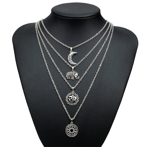 Vintage Women's Four Layers Chains Tassel Moon Elephant Pendant Long Drop Necklace