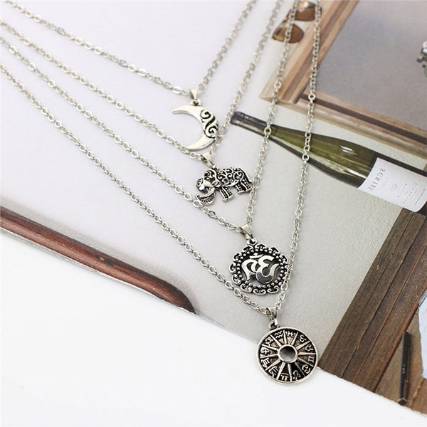 Vintage Women's Four Layers Chains Tassel Moon Elephant Pendant Long Drop Necklace