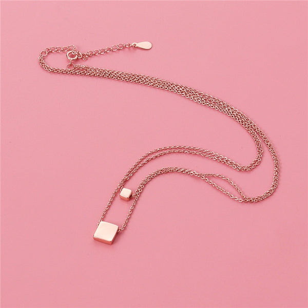 Fashion Square Pendant Double Chain Necklace Creative Geometric Necklace Jewelry for Women (Rose Gold)