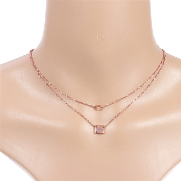 Fashion Square Pendant Double Chain Necklace Creative Geometric Necklace Jewelry for Women (Rose Gold)