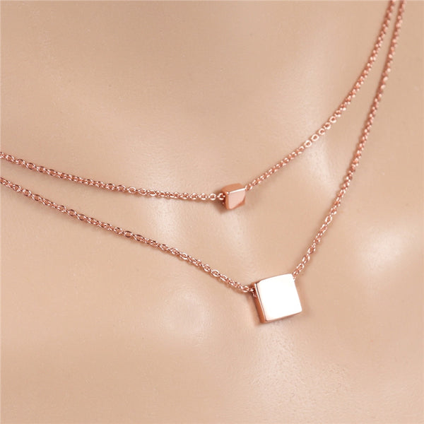 Fashion Square Pendant Double Chain Necklace Creative Geometric Necklace Jewelry for Women (Rose Gold)