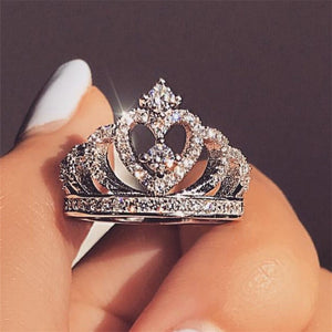 Fashion Silver Rings Crystal Heart Rings Women's Crown Zircon Ring Jewelry Women's Engagement Party Wholesale