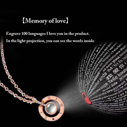 Romantic Love Memory Wedding Necklace Rose Gold&Silver 100 languages I love you Projection Pendant NecklaceLady Necklace