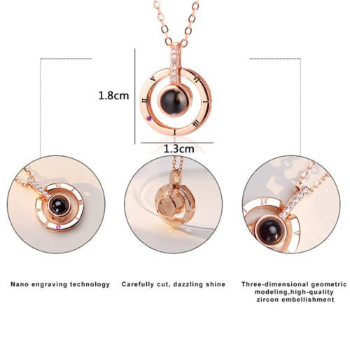 Romantic Love Memory Wedding Necklace Rose Gold&Silver 100 languages I love you Projection Pendant NecklaceLady Necklace