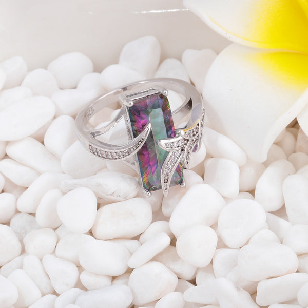 CiNily Rainbow Lavish Large Cut Rings With Square Mystic Stone Silver Plated Bohemian Boho Vintage Cocktail Jewelry Gifts Woman