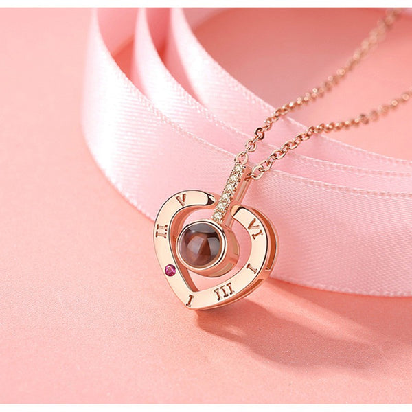 Romantic Love Memory Wedding Necklace Rose Gold&Silver 100 languages I love you Projection Pendant NecklaceLady Necklace