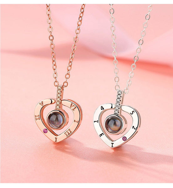 Romantic Love Memory Wedding Necklace Rose Gold&Silver 100 languages I love you Projection Pendant NecklaceLady Necklace