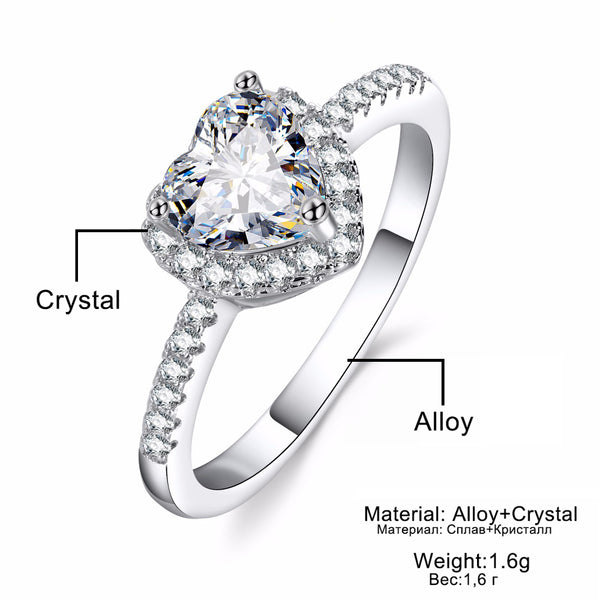 Fashion Crystal Heart Shaped Wedding Rings Women's Zircon Engagement Rings Glamour Jewelry