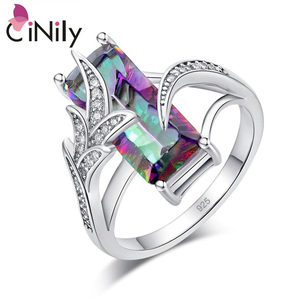 CiNily Rainbow Lavish Large Cut Rings With Square Mystic Stone Silver Plated Bohemian Boho Vintage Cocktail Jewelry Gifts Woman