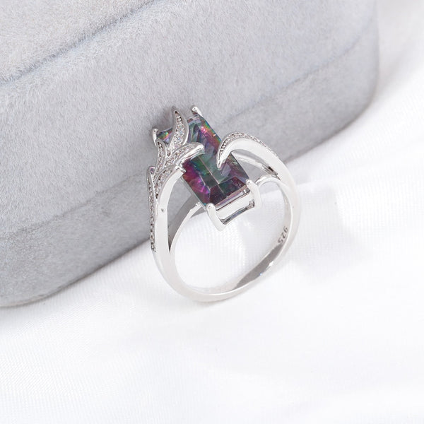 CiNily Rainbow Lavish Large Cut Rings With Square Mystic Stone Silver Plated Bohemian Boho Vintage Cocktail Jewelry Gifts Woman